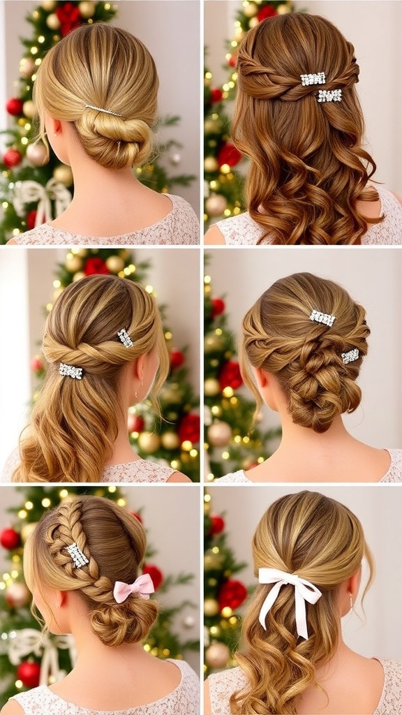 Elegant Christmas Hairstyles for Festive Celebrations A collection of Christmas hairstyles including a French twist, loose curls, braided crown, and half-up style, decorated with festive accessories.